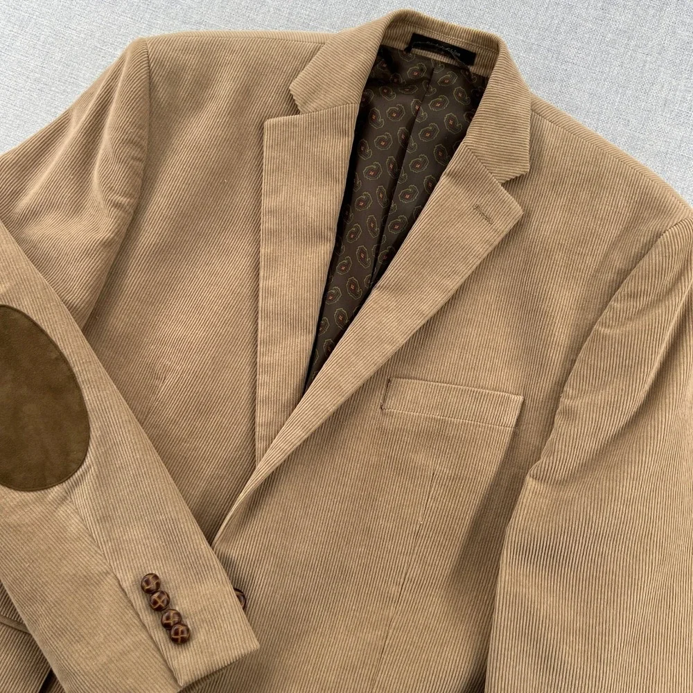 Chaps Mens 44R Corduroy Blazer Sport Coat Tan Beige Suede Elbow Patches Academia